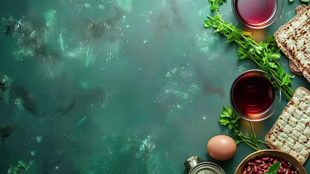Pesah celebration concept (jewish Passover holiday). 
Composition with Passover Seder plate. Green background with copy space area for text. 4K Video