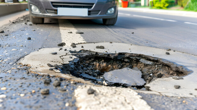 A car going over a pothole on the road