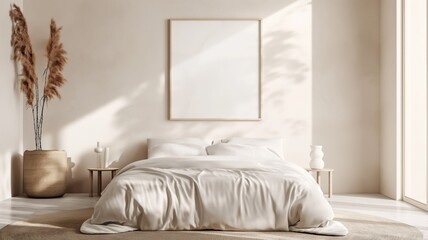 A soothing bedroom with silky bedclothes and tall pampas grass in earthen pots.