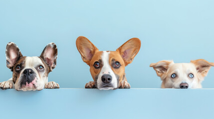 Three dogs of different breeds peek over a ledge with eager expressions and paws visible. - obrazy, fototapety, plakaty