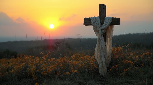   A crucifix stands solo in the field as the sun sets, distant horizon behind