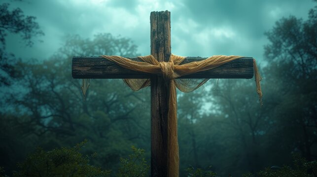   In the heart of the forest, a cross is marked Its yellow-draped fabric flutters against a backdrop of towering trees