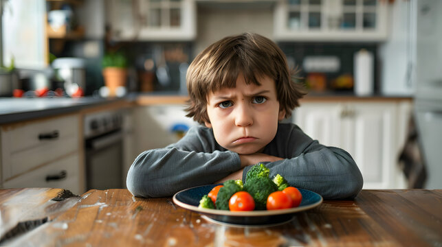 A child sitting at the table with his arms crossed