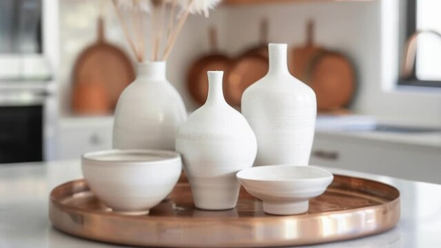 A modest arrangement of delicate white porcelain vases and bowls sit atop a shiny copper tray creating a stunning minimalist centerpiece . .