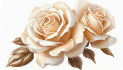 Creamy Elegance: Beige Roses on a White Canvas in Oil"