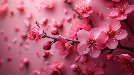  close-up of blossoms on branches, surrounded by pink background and pink wall