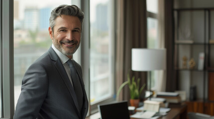 A smiling man in a suit looks out the window from his office.