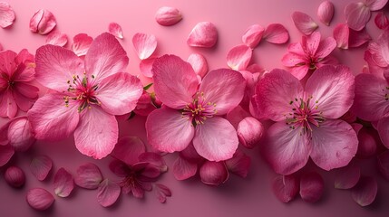   A pink flower cluster against a solid pink backdrop, some petals lying at the base
