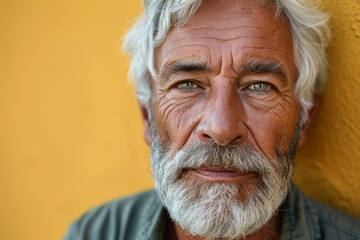 Portrait of an old man with white beard and mustache against yellow wall