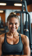 Fototapeta na wymiar fit blonde young woman in the gym smiling while looking at the camera
