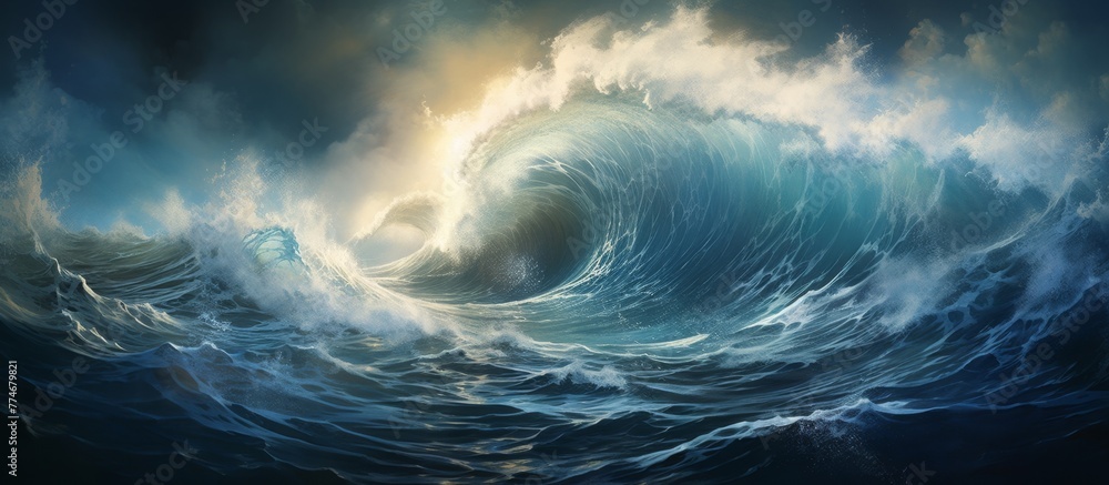 Poster bright light shines through a massive wave as it crashes into the ocean, creating a stunning visual 
