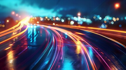 colorful long exposure light trails on wet urban highway at night