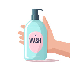  Vector flat illustration of hand holding shampoo bottle with text "WASH", white background