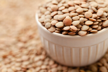 Uncooked brown lentils in bowl. Dry brown lentil grains