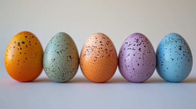   A row of painted eggs with speckles on a white surface against a light gray background