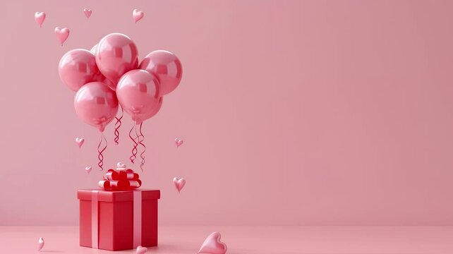 red gift box with pink balloons on top, copy space, pink background. Gift for birthday, mother day, and valentine