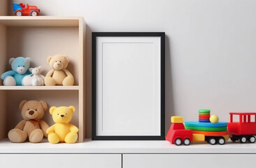 Black frame mockup on the shelf near the white wall, yellow teddy bear and toy truck. Blank canva mockup in nursery room