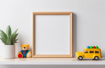 Light wood frame mockup on the shelf near the wall, yellow teddy bear and toy truck. Blank canva mockup in nursery room