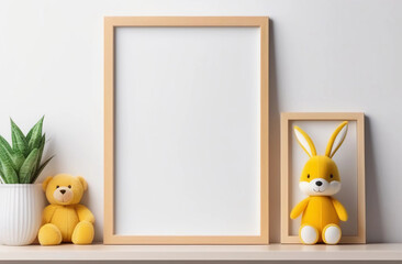 Light wood frame mockup on the shelf near the wall, yellow teddy bear and toy bunny. Blank canva mockup in nursery room