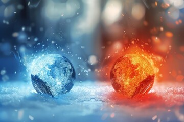Two spheres, one glowing and one frozen,The glowing sphere is a bright orange and red, resembling a ball of fire. The frozen sphere is a smooth, icy blue with a faint white sheen - obrazy, fototapety, plakaty