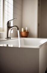 Modern bathroom interior with sink. White sink and silver faucet with running water in white bathroom with window