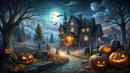 Halloween pumpkins in a scary halloween theme park  background