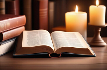 Open Bible on the table with candles. Religious library