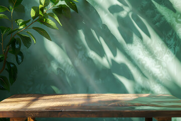 background tranquil and natural setting. It showcases a wooden shelf or ledge against a wall, bathed in dappled sunlight that creates beautiful patterns on the surface