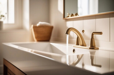 White sink and bronze faucet with running water in white bathroom with window. Modern bathroom interior with sink