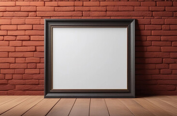 Horisontal dark wood frame mockup stands on the floor next to red brick wall background