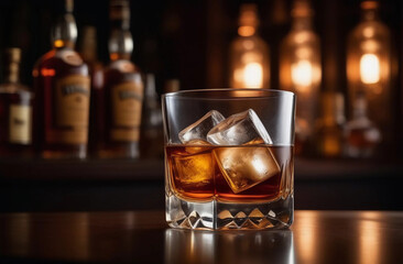 Whiskey on the rocks. Glass whiskey with ice on bar counter with moody dark background