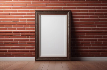 Vertical dark wood frame mockup stands on the floor next to red brick wall background