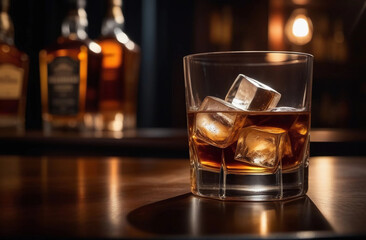 Glass of whiskey on the rocks. Glass whiskey with ice on bar counter with moody dark background