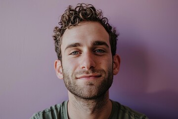 Portrait of a handsome young man with a beard on a purple background