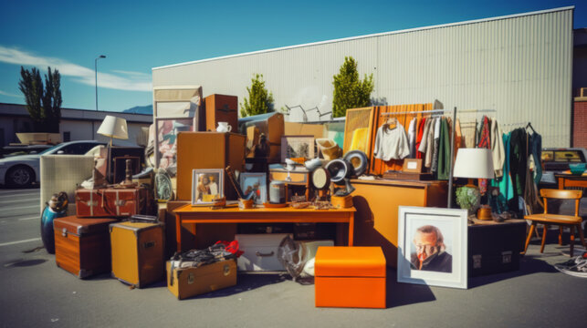 Assorted Household Items and Tools Displayed at a Local Yard Sale