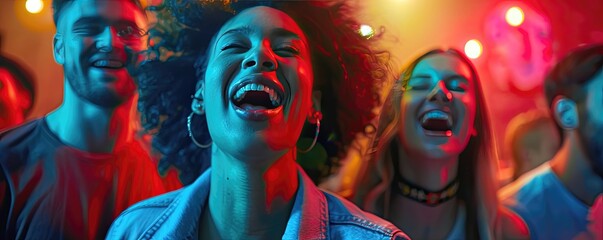 group of people enjoying a party with colorful lighting, movement and joy with dance