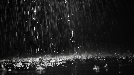 Rain on a black background. Raindrops falling against a backdrop of darkness, creating a serene ambiance.