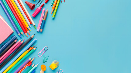 A colorful school supplies background with space for text on a light blue background - obrazy, fototapety, plakaty