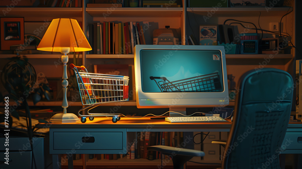 Poster a computer on the desk with an online shopping cart inside