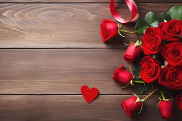 Red roses with a ribbon and a heart-shaped cutout on a wooden background.