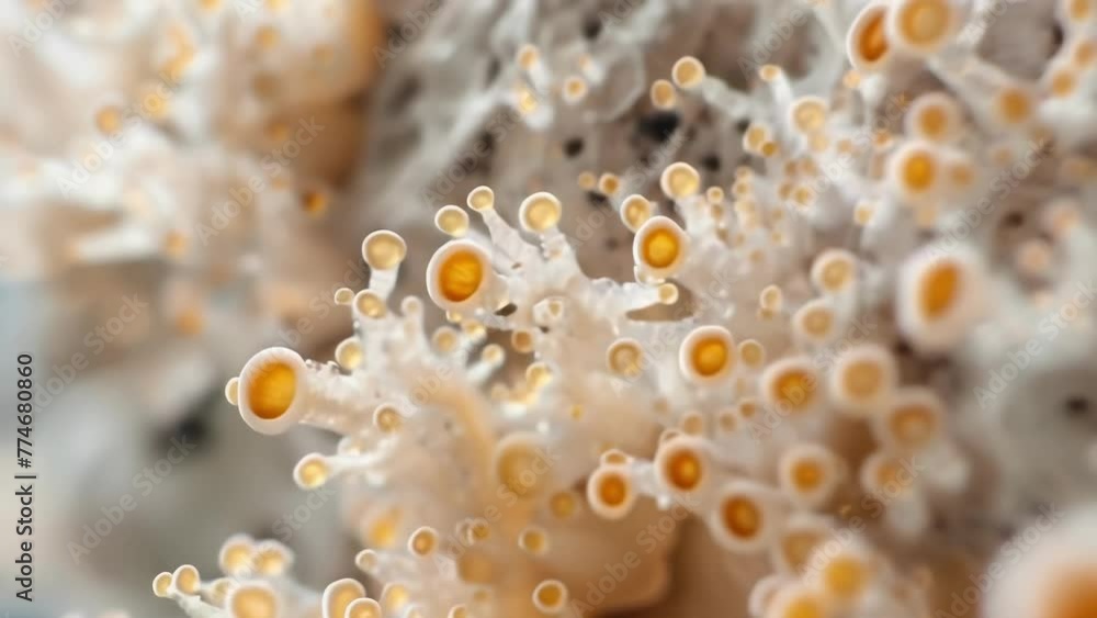 Poster a closeup of a colony of fungal mycelium showing the different stages of growth and development. som