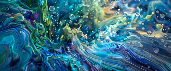 Cerulean and emerald green droplets collide, creating a mesmerizing explosion of color on a liquid canvas."