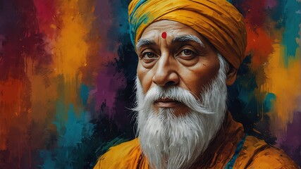 guru nanak abstract portrait oil pallet knife paint painting on canvas large brush strokes art watercolor illustration colorful background from Generative AI - obrazy, fototapety, plakaty