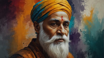 guru nanak abstract portrait oil pallet knife paint painting on canvas large brush strokes art watercolor illustration colorful background from Generative AI - obrazy, fototapety, plakaty