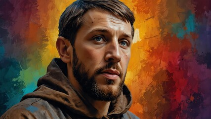 saint francis of assisi abstract portrait oil pallet knife paint painting on canvas large brush strokes art watercolor illustration colorful background from Generative AI - obrazy, fototapety, plakaty