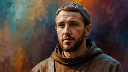 saint francis of assisi abstract portrait oil pallet knife paint painting on canvas large brush strokes art watercolor illustration colorful background from Generative AI - obrazy, fototapety, plakaty