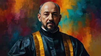 saint ignatius of loyola abstract portrait oil pallet knife paint painting on canvas large brush strokes art watercolor illustration colorful background from Generative AI