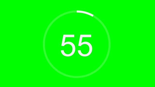 Countdown One Minute Animation Video from 60 to 0 Seconds with White Color on Green Screen, Chroma Key. Modern Flat Design. 4K UHD
