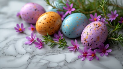 Naklejka na ściany i meble Group of colorful eggs atop marble counter, near purple flowers and verdant leaves