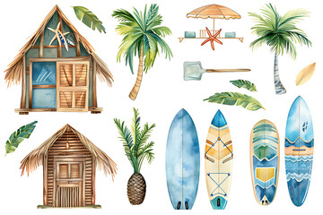 Watercolor painting realistic Full picter A large set of pictures with beach cabins, surfboards, summer vacation and vacation accessories Isolated objects on a white background.
